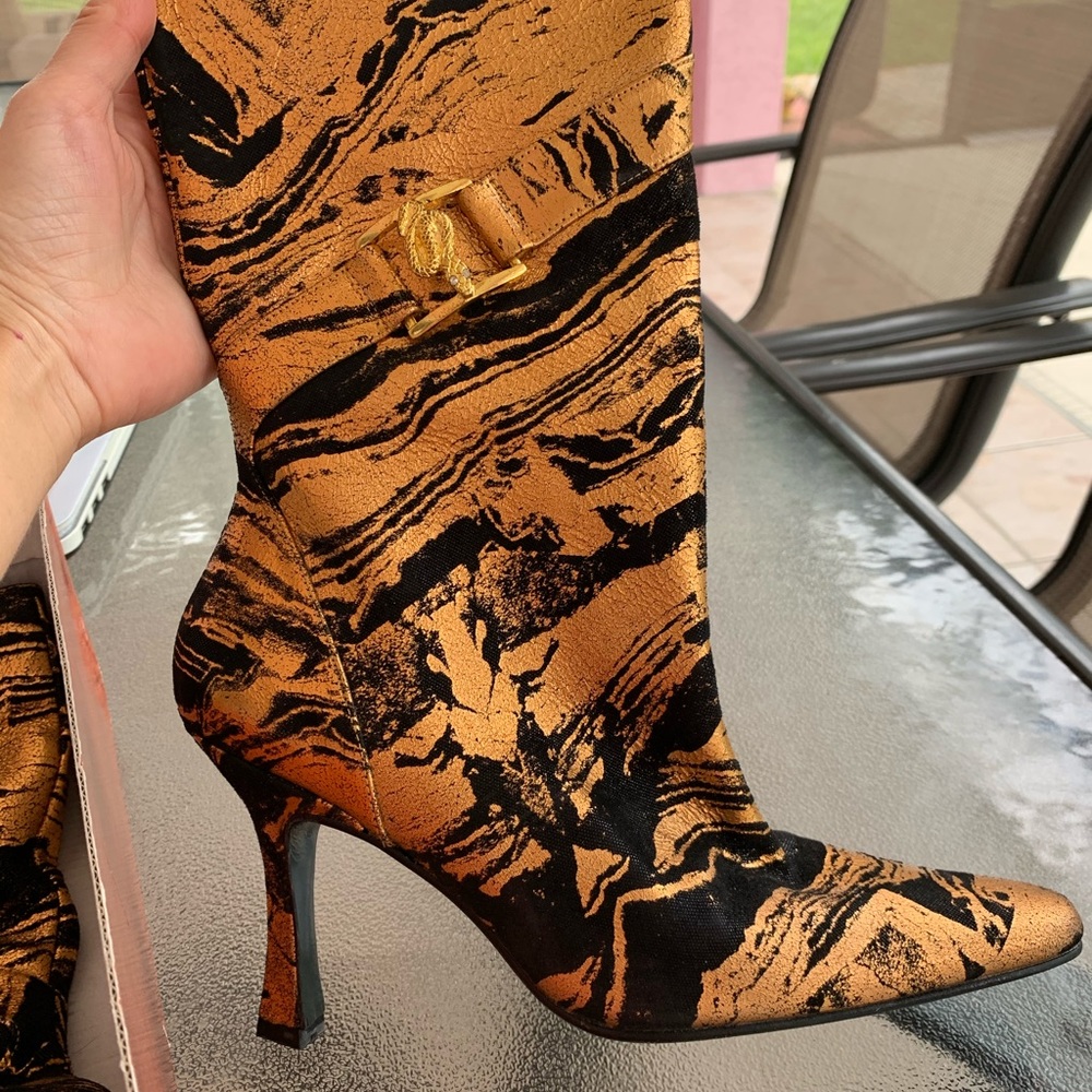 Fantasy Collection Roberto Cavalli Style Bronze Leather High Heeled Boots SZ 6 M